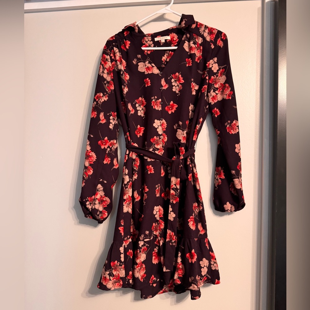 Floral Long-Sleeve Wrap Dress in Dark Purple